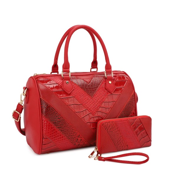 Y2K - Georgina Shiny Red Patchwork Boston Bag with Wallet - Picture 2 of 3